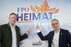 FPÖ-Generalsekretär Michael Schnedlitz (l.) und -Bundesparteiobmann Herbert Kickl bei der Präsentation des FPÖ-"Heimatherbstes".